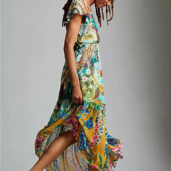 Anthropologie V-Neck Flutter-Sleeve Colorful Tropical Print Dress M - Picture 4 of 5